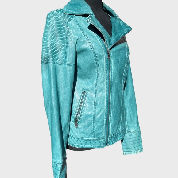 Blanc Noir turquoise teal faux leather moto jacket • size M - Picture 4 of 16